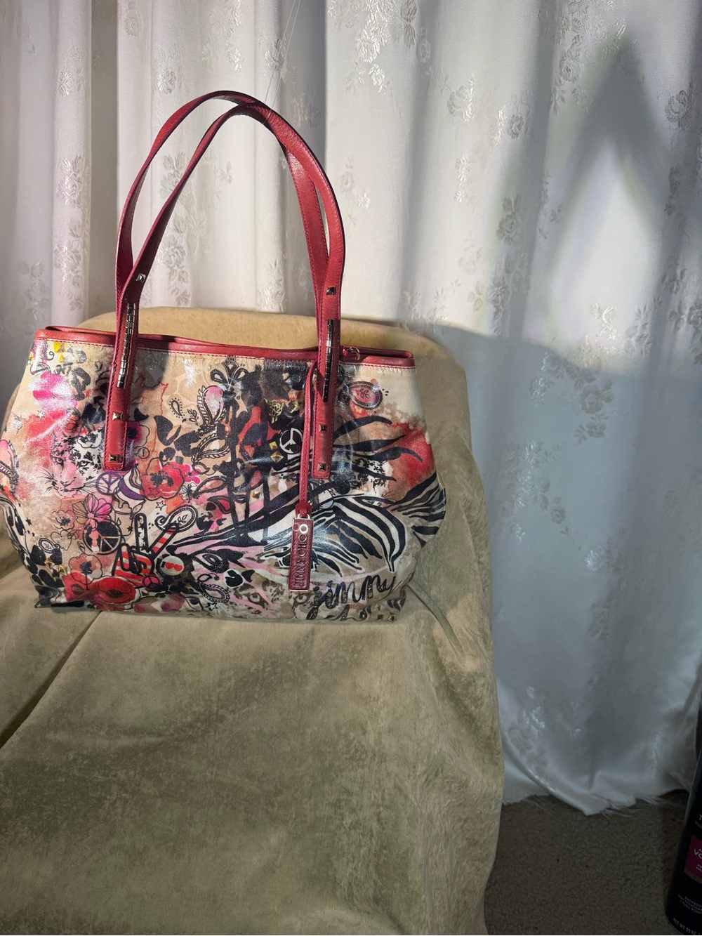 Jimmy Choo Floral Multicolor Tote with Red Handles